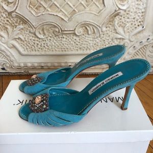 Manolo Blahnik turquoise suede jeweled mule